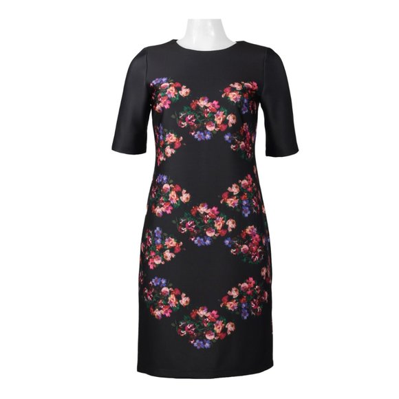 TAYLOR CREW NECK SHORT SLEEVE ZIPPER BACK FLORAL PRINT SCUBA DRESS(9229M) - Picture 1 of 2